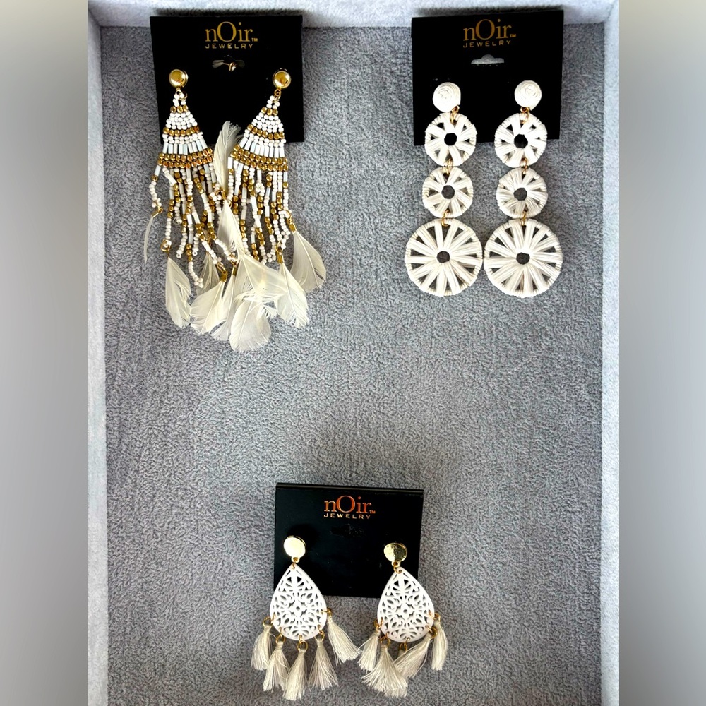 NWT Lot of 3 nOir Jewelry Boho White and Gold Dangle Chandelier Earrings Set